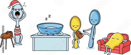 Cartoon Spoon Yawning Wearing Santa Hat Beside A Bowl Of Water With Two Spoons And A Lazy Spoon Resting On A Red Sofa