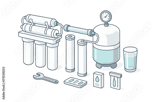 Isometric diagram of multi-stage water filter system components and glass of drinking water