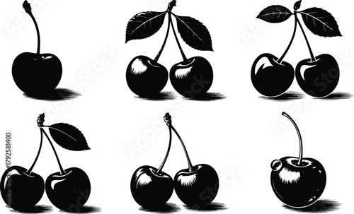 Artistic black and white illustrations of cherries on stems