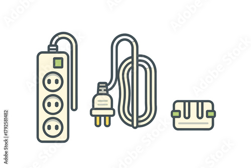 Set of essential electrical components including power strip coiled cord and safety plug adapter