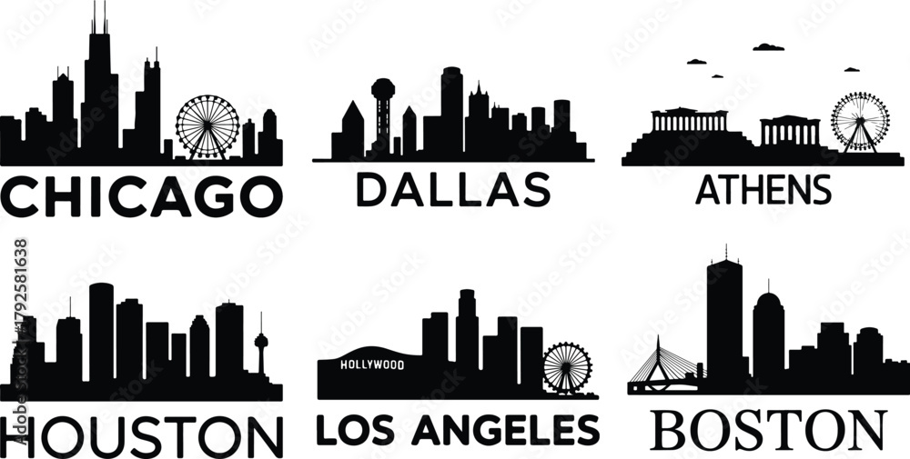 Obraz premium Silhouetted city skylines of famous global destinations