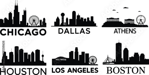 Silhouetted city skylines of famous global destinations