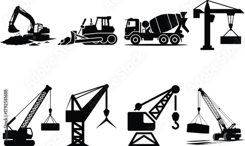Collection of silhouetted construction vehicles and cranes