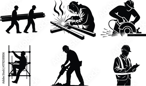 Silhouettes of construction workers performing various tasks on a white background