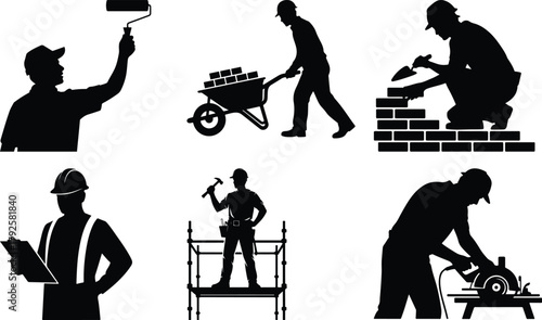 Silhouettes of construction workers engaged in various trades