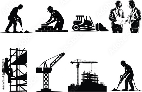 Construction site silhouettes featuring workers and machinery