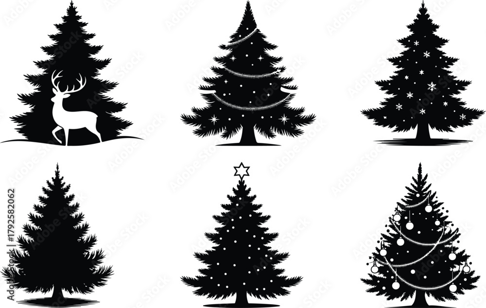 Obraz premium Collection of six silhouette christmas trees with decorative elements