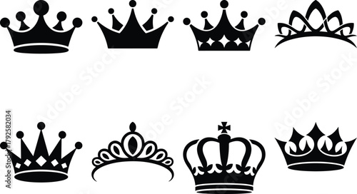 Collection of eight black silhouette crown designs