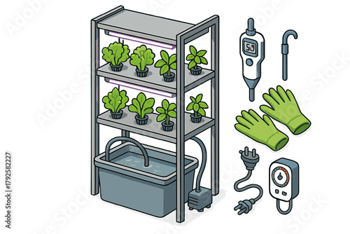 Isometric view of a modern indoor hydroponic gardening system setup and essential equipment