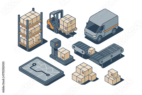 Isometric icons for logistics, warehouse operations, and global delivery tracking