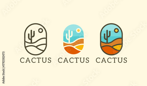 Cactus on desert summer logo emblem vector vintage line art illustration design	