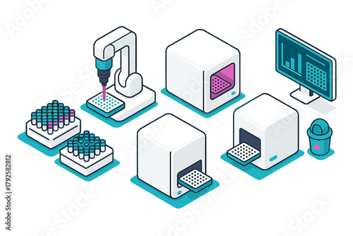 Automated scientific research laboratory setup with robotic liquid handling and analysis equipment