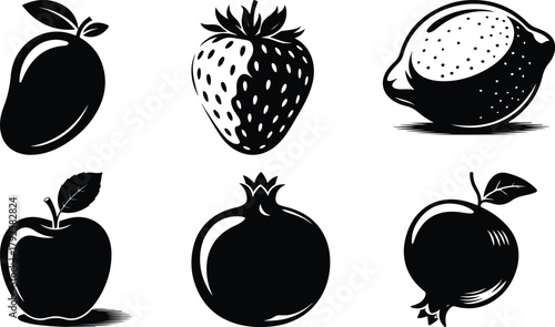 Silhouettes of six different fruits in black and white
