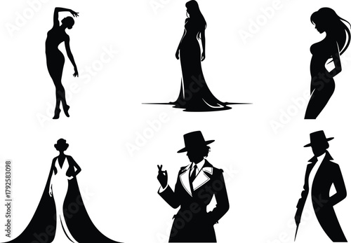 Elegant silhouettes of women and men in formal attire