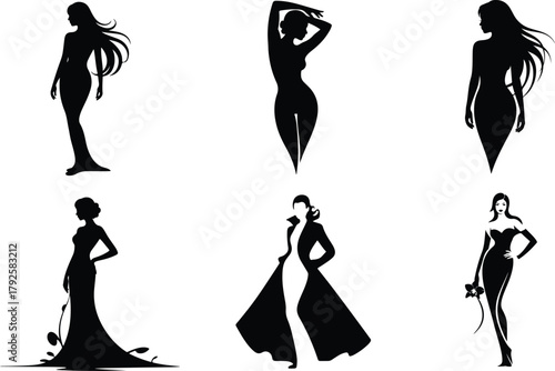 Elegant female silhouettes in various poses and gowns