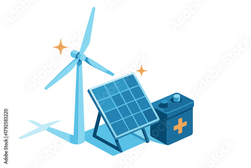 Isometric icons for renewable energy systems with wind turbine solar panel and battery