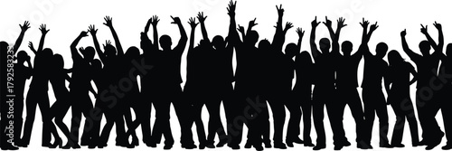 Silhouette crowd cheering, unity celebration, raised hands, group energy, people together, protest movement, festive gathering, human connection, freedom, public event