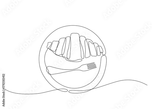 Minimalist continuous one line drawing of a croissant on a plate with a fork, symbolizing breakfast and cafe culture in a simple, elegant style. Vector illustration. Editable stroke