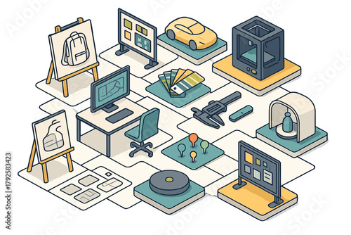 Isometric elements showing product design and manufacturing workflow stages