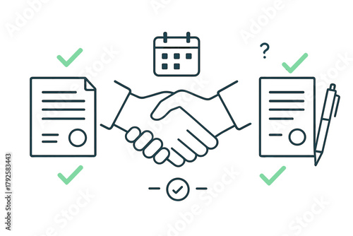Business agreement finalization handshake with calendar and signed documents