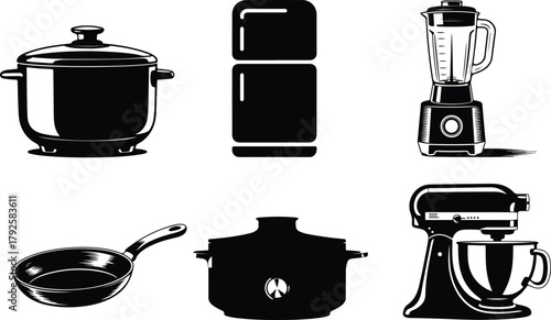 Collection of kitchen appliances and cookware silhouettes