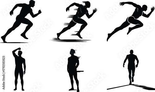 Silhouettes of athletes in motion and poses