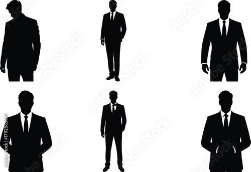 Silhouettes of men in suits standing against a white background