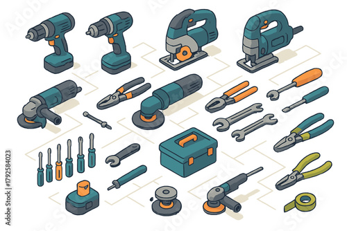 Isometric set of power tools and hand tools for building and maintenance