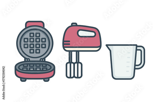 Essential kitchen equipment set including a waffle maker, electric mixer, and measuring cup