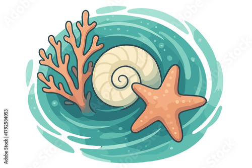 Stylized composition of marine life including coral, seashell, and starfish