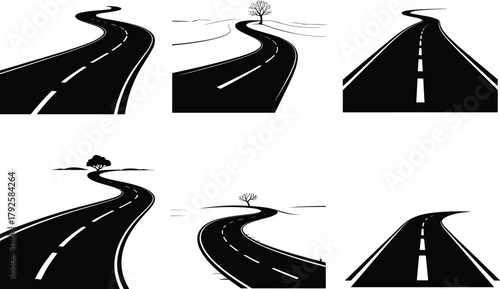 Stylized black and white illustrations of winding roads