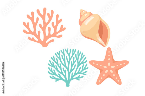 Colorful collection of underwater marine elements including coral, seashell, and starfish