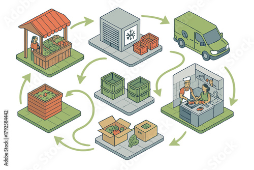 Isometric diagram of sustainable food waste reduction and composting cycle