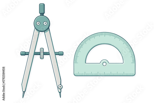 Set of drafting tools including a drawing compass and semicircular protractor for geometry class