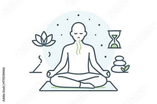 Person meditating with breath visualization and wellness icons