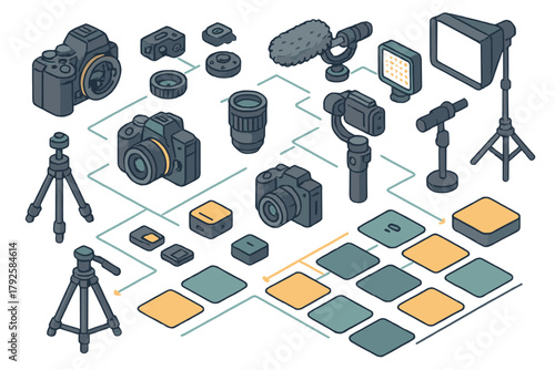 Modern digital camera equipment, lenses, lighting, and audio accessories in an isometric layout