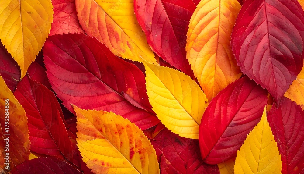 Fototapeta premium Close-up of colorful autumn leaves in shades of yellow, orange, and red creating a vibrant, textured pattern