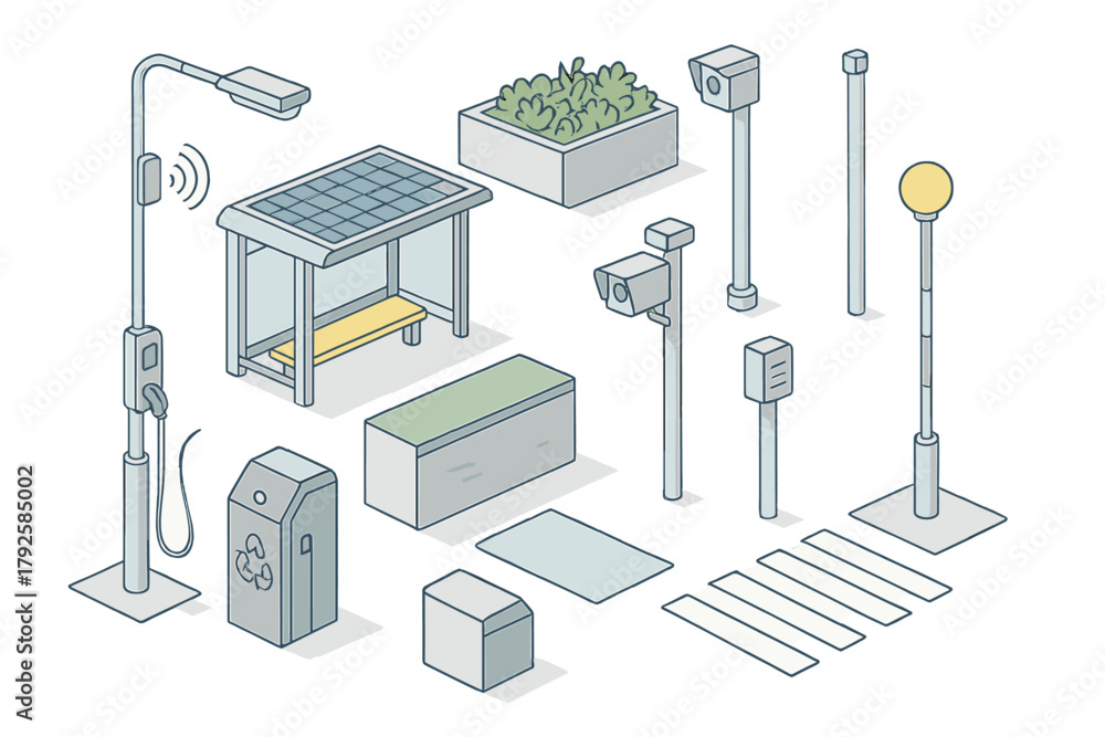 Obraz premium Isometric set of smart city street furniture and urban infrastructure elements: bus stop, street light, security cameras, recycling bin