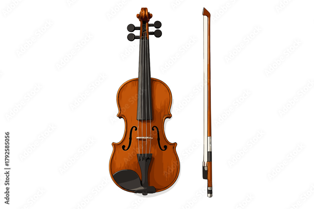 Obraz premium Traditional wooden violin and bow standing vertically isolated against a clean white background