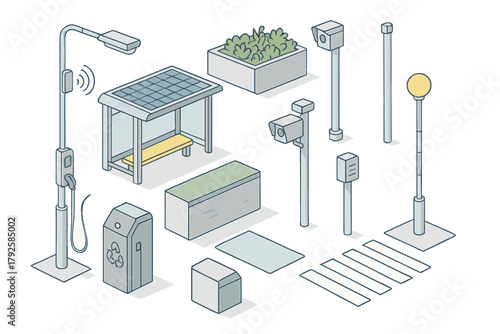 Isometric set of smart city street furniture and urban infrastructure elements: bus stop, street light, security cameras, recycling bin