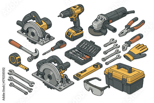 Essential construction and repair tools set including power drill, circular saw, hammer, and toolbox