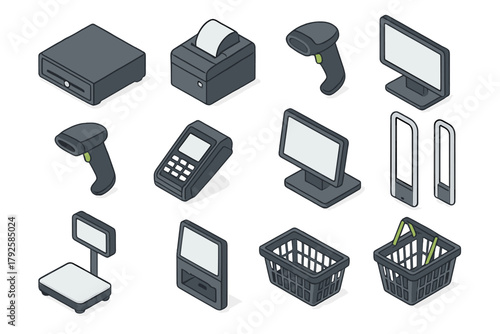 Isometric retail store and point of sale equipment including scanners, monitors, and baskets