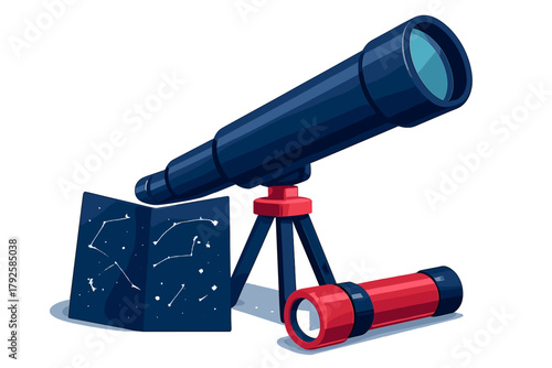 Essential tools for amateur astronomy including telescope, star chart, and red flashlight