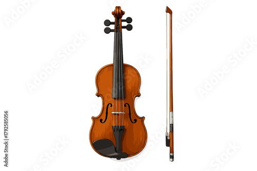 Traditional wooden violin and bow standing vertically isolated against a clean white background