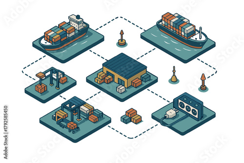 Isometric global logistics network diagram with cargo ships, warehouse, and shipping points