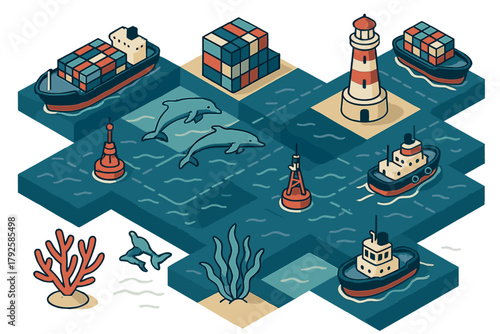 Isometric map of sea navigation showing cargo ships, tugboats, lighthouse, buoys, and dolphins