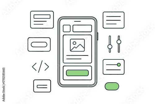 Mobile application user interface design elements surrounding a smartphone screen mockup