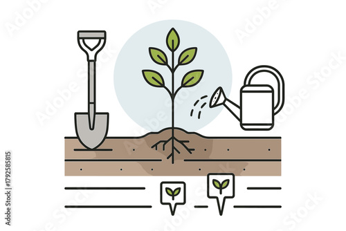 Gardening tools and young plant growing in fertile soil with roots showing growth and care process