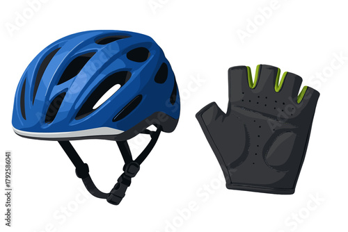 Bright blue bicycle helmet and protective gray fingerless cycling glove isolated on white background