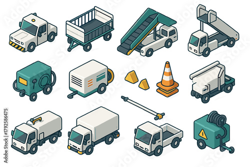 Isometric set of airport ground support equipment including baggage carts, passenger stairs, utility trucks, and traffic cones